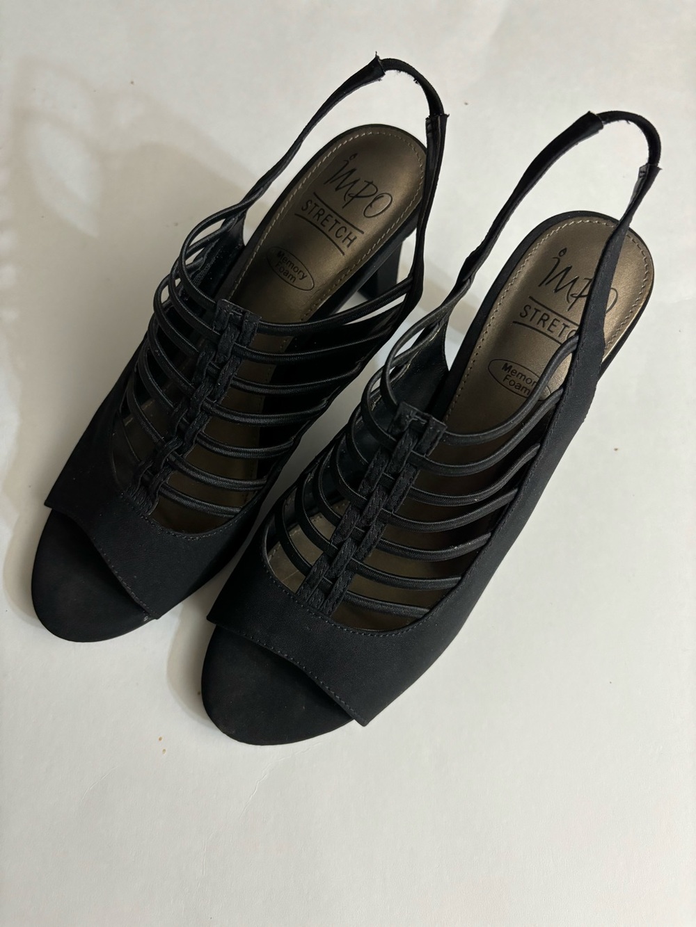 IMPO Stretch Black Strappy Slingback 3”Peep-Toe Heels with Memory Foam Size 10M